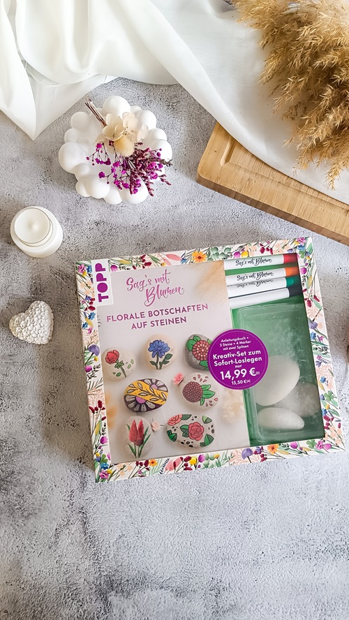 Malen, schenken, Freude teilen – Meine Rezension zu „Kreativ-Set: Sag’s mit Blumen – Florale Botschaften auf Steinen“