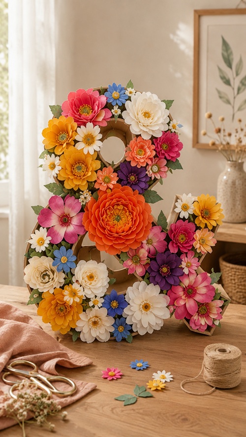 Blühender DIY Pappbuchstabe mit bunten Kunstblumen, gefüllt mit Steckmoos und dekoriert als farbenfrohe Frühlingsdeko.