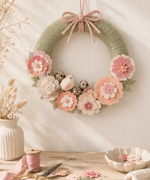 Selbst gemachter DIY Frühlingskranz mit Papierblumen aus Tonkarton, Filzband, kleinen Wachteleiern und Vogel als frühlingshafte Türdeko.
