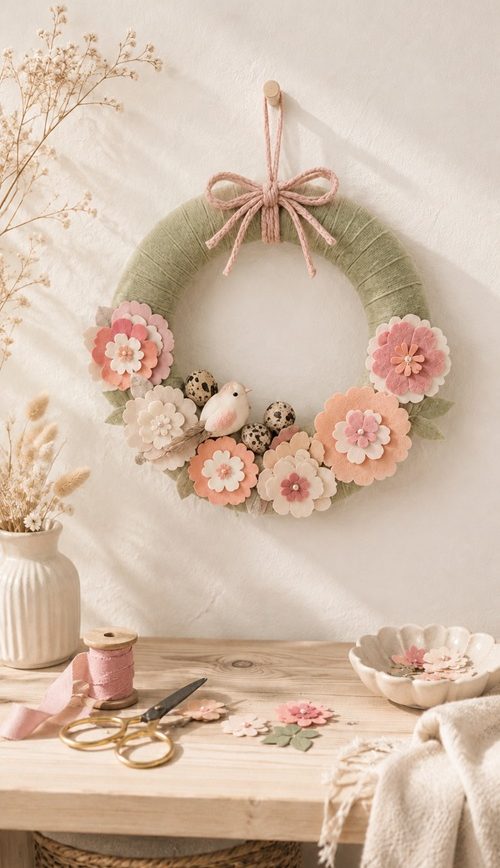 Selbst gemachter DIY Frühlingskranz mit Papierblumen aus Tonkarton, Filzband, kleinen Wachteleiern und Vogel als frühlingshafte Türdeko.