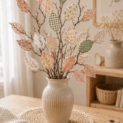 Bunter DIY Herbstzweig mit selbst gemachten Stoffblättern aus gemusterten Stoffresten, dekoriert in einer Vase als farbenfrohe Herbstdeko.