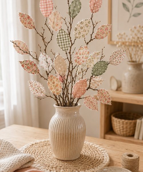 Bunter DIY Herbstzweig mit selbst gemachten Stoffblättern aus gemusterten Stoffresten, dekoriert in einer Vase als farbenfrohe Herbstdeko.