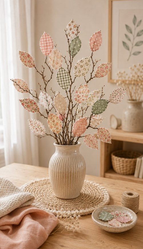 Bunter DIY Herbstzweig mit selbst gemachten Stoffblättern aus gemusterten Stoffresten, dekoriert in einer Vase als farbenfrohe Herbstdeko.