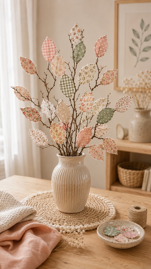 Bunter DIY Herbstzweig mit selbst gemachten Stoffblättern aus gemusterten Stoffresten, dekoriert in einer Vase als farbenfrohe Herbstdeko.