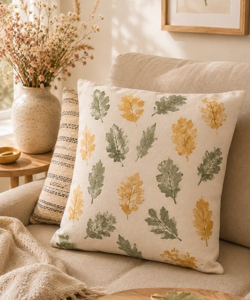 Bunter DIY Herbstzweig mit selbst gemachten Stoffblättern aus gemusterten Stoffresten, dekoriert in einer Vase als farbenfrohe Herbstdeko.