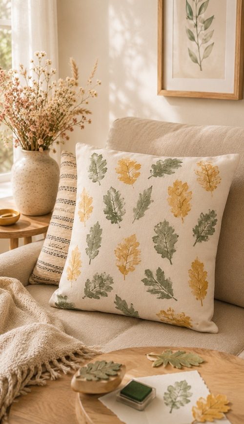 Bunter DIY Herbstzweig mit selbst gemachten Stoffblättern aus gemusterten Stoffresten, dekoriert in einer Vase als farbenfrohe Herbstdeko.