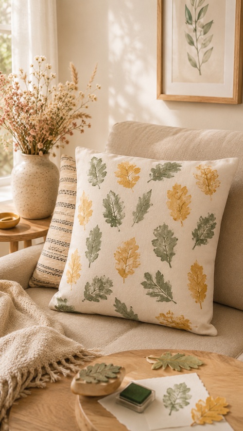 Bunter DIY Herbstzweig mit selbst gemachten Stoffblättern aus gemusterten Stoffresten, dekoriert in einer Vase als farbenfrohe Herbstdeko.