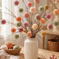 Bunte DIY Pompon-Blüten aus Wolle an trockenen Zweigen, dekoriert in einer Vase als farbenfrohe Frühlingsdeko.