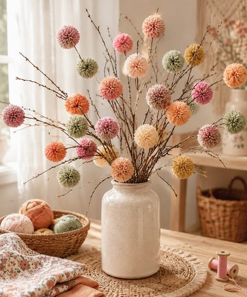 Bunte DIY Pompon-Blüten aus Wolle an trockenen Zweigen, dekoriert in einer Vase als farbenfrohe Frühlingsdeko.