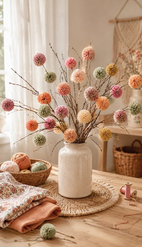 Bunte DIY Pompon-Blüten aus Wolle an trockenen Zweigen, dekoriert in einer Vase als farbenfrohe Frühlingsdeko.