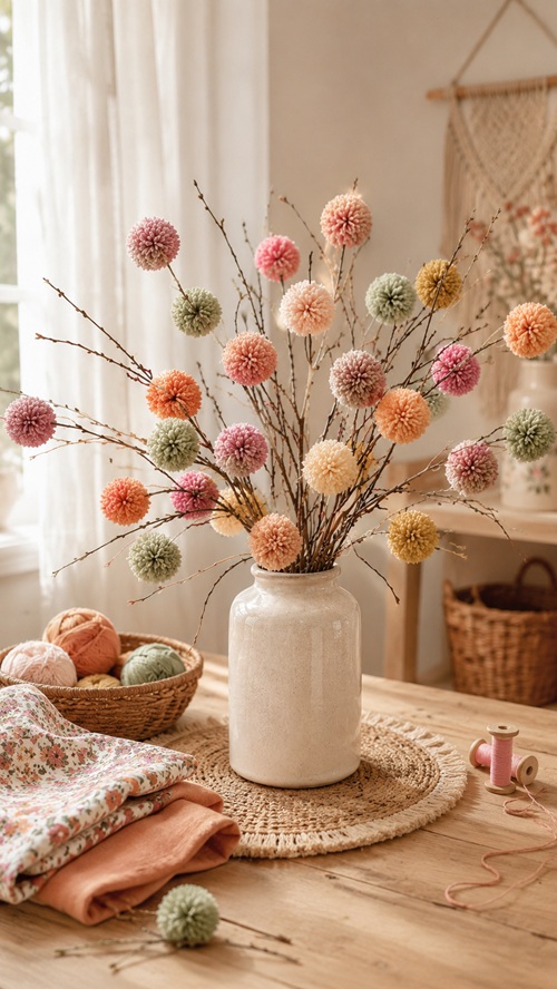 Bunte DIY Pompon-Blüten aus Wolle an trockenen Zweigen, dekoriert in einer Vase als farbenfrohe Frühlingsdeko.
