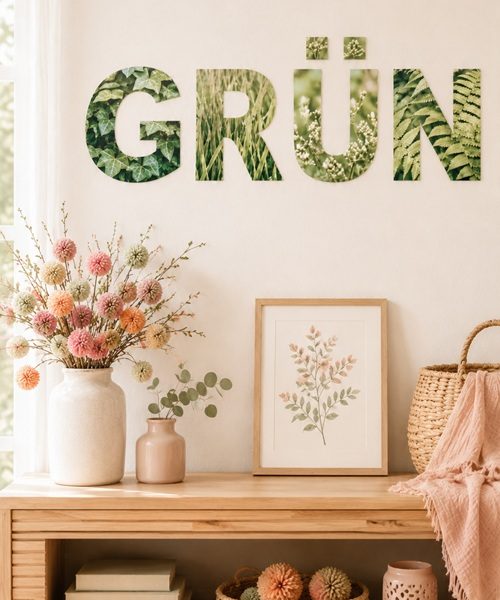 Große ausgeschnittene Buchstaben mit grünen Pflanzenfotos als DIY Wanddeko, befestigt an einer hellen Wand neben einem dekorativen Zweig.