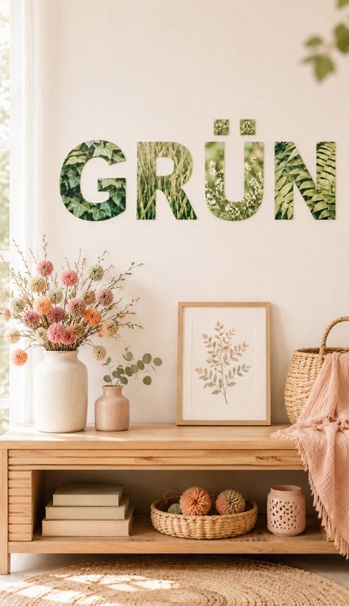 Große ausgeschnittene Buchstaben mit grünen Pflanzenfotos als DIY Wanddeko, befestigt an einer hellen Wand neben einem dekorativen Zweig.