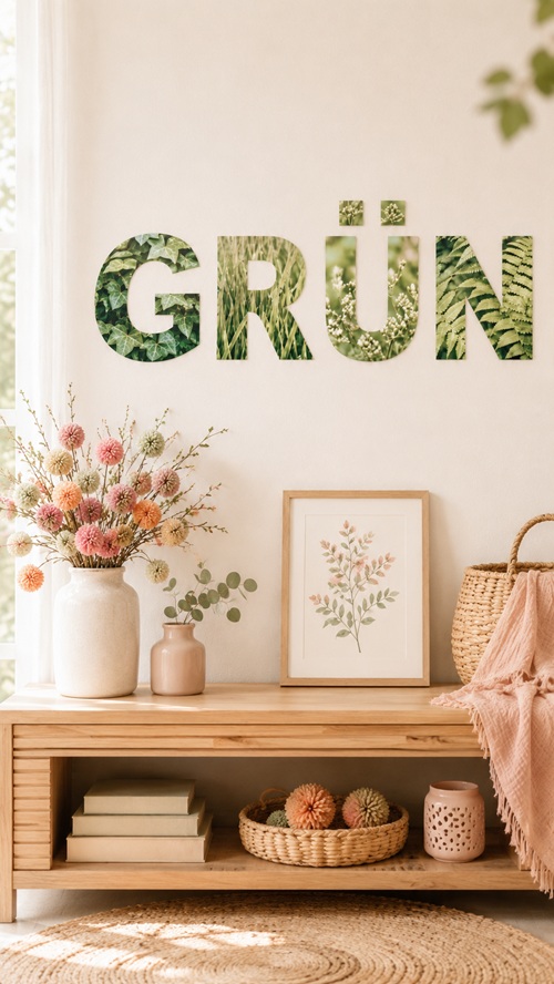 Große ausgeschnittene Buchstaben mit grünen Pflanzenfotos als DIY Wanddeko, befestigt an einer hellen Wand neben einem dekorativen Zweig.